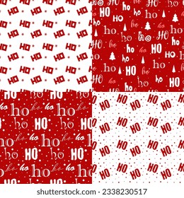 Set xmas seamless pattern with text ho ho ho with red background. Hand lettering greeting Christmas Santa laugh