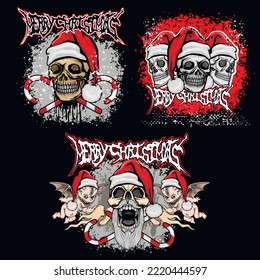 set, Xmas sign with skull and Santa Claus, grunge vintage design t shirts