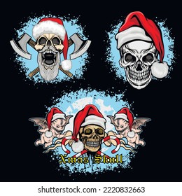 set, Xmas sign with skull and Santa Claus, grunge vintage design t shirts