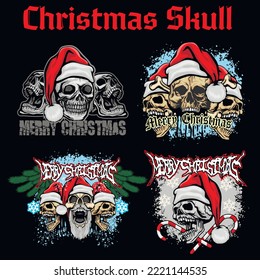 set, Xmas sign with skull and Santa Claus, grunge vintage design t shirts