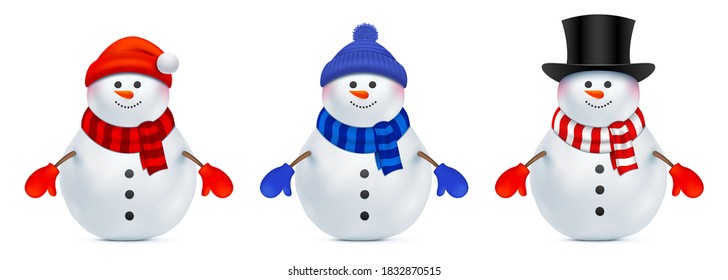 Set of Xmas snowman dressed in a different style. Santa Claus in blue beanie hat, red Santa hat with pompon, and black top hat isolated on a white background. Christmas character vector illustration.