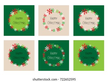 set of xmas square cards with circle of snowflakes and text happy christmas in the middle in natural green and brown tones vector
