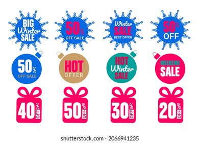 Set of Xmas stickers in form of gift, snowflake, balls. Vector elements for 50%, 40%, 30%, 20% discount tags, promotion stickers, lables, flyer, banner, button and poster design on white background.