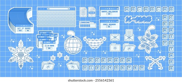 Set of x-mas stickers in trendy y2k style. Old computer aesthetics of 90s, 00s. Retro PC elements, user interface. Vector illustration