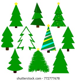 Set Xmas tree icons, Christmas symbols, flat design template, vector illustration