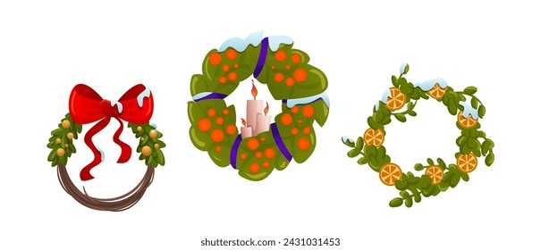 Set of xmas wreaths isolated on white background. Vector cartoon illustration of traditional winter holiday decoration, branch circle with ribbon bow, advent candles, orange pieces covered with snow