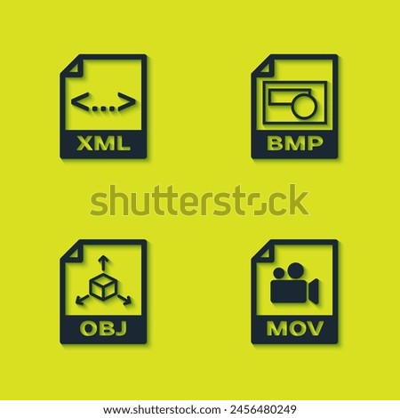 Set XML file document, MOV, OBJ and BMP icon. Vector
