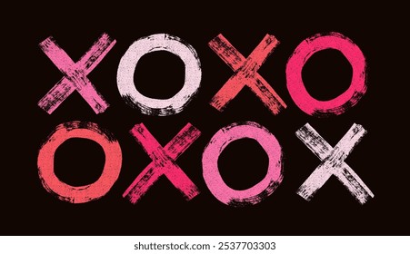 Set of Xo xo symbols vector. Happy Valentine day romantic element. Merry Christmas. Hand draw brush stroke white snow letters. Holiday wrapping vector signs with text.