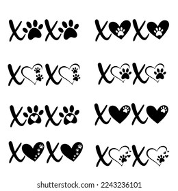 Juego de cartas XOXO con huellas de perros y corazones para el día de San Valentín. Ilustración vectorial para los amantes de las mascotas. Aislado sobre fondo blanco. Bueno para carteles, camisetas, postales.