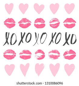 Set of XOXO phrase, lip imprints, hearts on white background. Hugs and kisses, theme of love. Collection for Valentines Day postcards. Vector illustration.