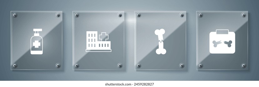 Set X-ray shots with broken bone, Human, Hospital building and Antibacterial soap. Square glass panels. Vector