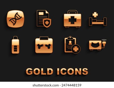 Set X-ray shots with broken bone, Hospital bed, Ultrasound, Patient record, Digital thermometer, First aid kit, DNA symbol and  icon. Vector