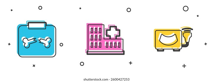 Set X-ray shots with broken bone, Hospital building and Ultrasound icon. Vector