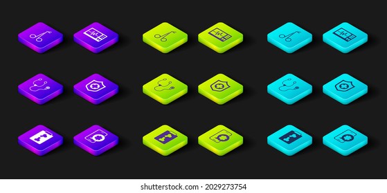 Set X-ray shots, Emergency phone call, Stethoscope, Life insurance in hand, Monitor with cardiogram and Medical scissors icon. Vector
