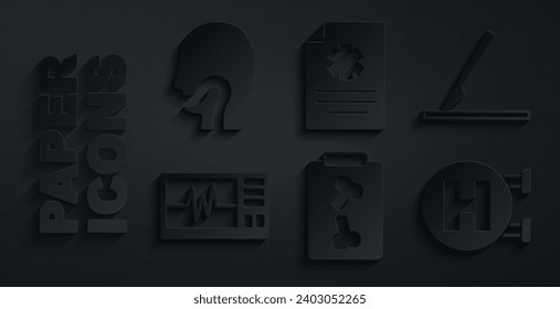 Set X-ray shots, Medical surgery scalpel, Monitor with cardiogram, Hospital signboard, Clinical record and Sore throat icon. Vector