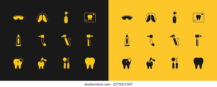 Set X-ray of tooth, Tooth with caries and drill, Dental mirror probe, Electric toothbrush, Safety goggle glasses and plate icon. Vector