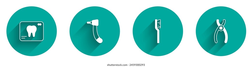 Set X-ray of tooth, Tooth drill, Toothbrush and Dental pliers icon with long shadow. Vector