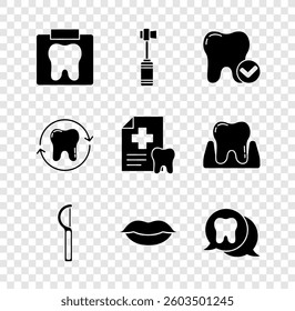 Set X-ray of tooth, Toothbrush, whitening concept, Dental floss, Smiling lips,  and card icon. Vector