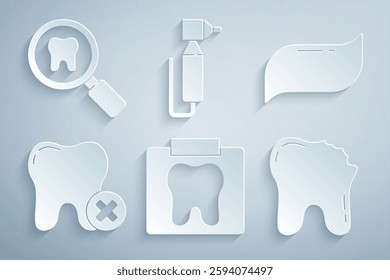 Set X-ray of tooth, Toothpaste, with caries, Broken, drill and Dental search icon. Vector