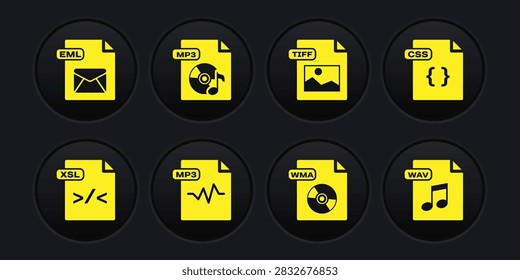 Set XSL file document, CSS, MP3, WMA, TIFF, WAV and EML icon. Vector