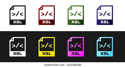 Set XSL file document icon. Download xsl button icon isolated on black and white background. Excel file symbol. Vector Illustration
