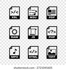 Definir documento de arquivo XSL, M3U, PDF, MP3, HTML e ícone TIFF. Vetor