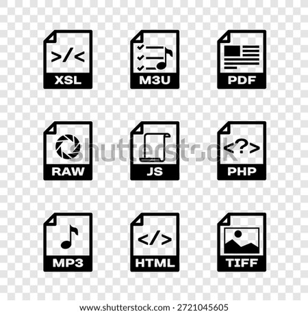 Set XSL file document, M3U, PDF, MP3, HTML and TIFF icon. Vector