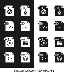 Set XSL file document, PHP, AVI, EPS, GIF, MOV, PSD and CSS icon. Vector