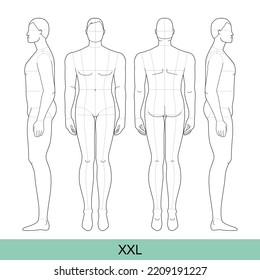 Set Of XXL Size Men Fashion Template 9 Nine Head Size With Main Line Croquis Extra Large Plus Size Figure Front, Side, Back View. Vector Outline Boy For Fashion Design, Illustration, Technical Drawing