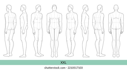 Set Of XXL Size Men Fashion Template 9 Nine Head Size With Main Line Croquis Extra Large Plus Size Gentlemen Model Curvy Body Figure Front, Side, 3-4, Back View. Vector Boy For Technical Drawing