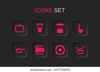 Set Xylophone, African percussion drum, Guitar amplifier, Stereo speaker, Saxophone, Drum with sticks, darbuka and Trumpet icon. Vector