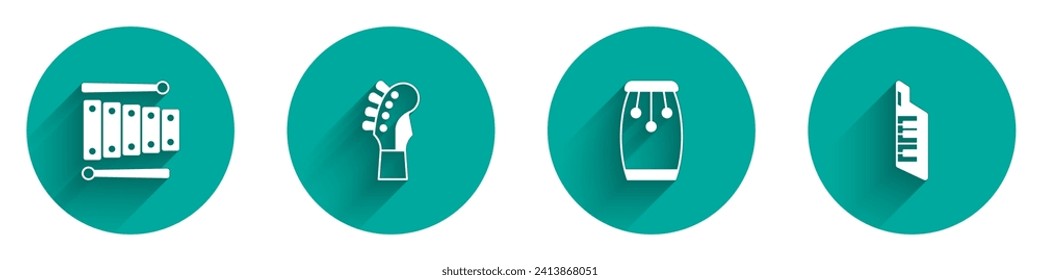 Set Xylophone, Guitar neck, Conga drums and Keytar icon with long shadow. Vector