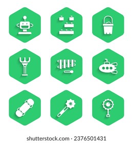 Set Xylophone, Magic wand, Rattle baby toy, Submarine, Skateboard, Rake, Sand bucket and Robot icon. Vector
