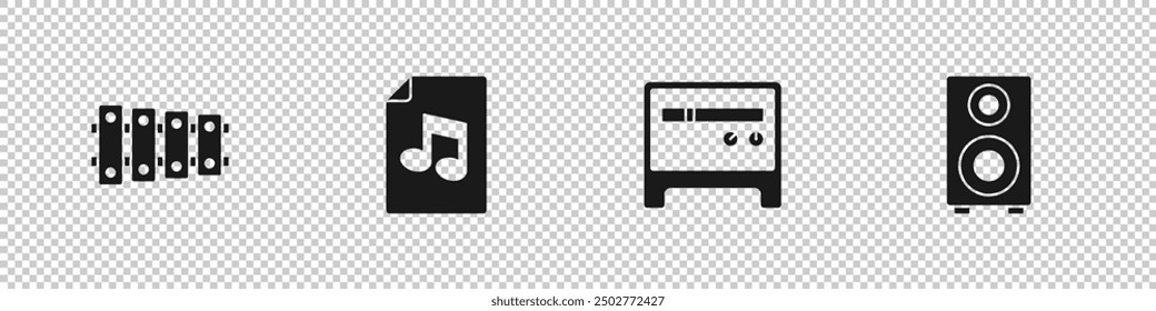 Set Xylophone, Music book with note, Guitar amplifier and Stereo speaker icon. Vector