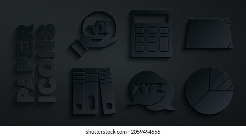 Set XYZ Coordinate system, Acute trapezoid shape, Office folders, Pie chart infographic, Calculator and Square root of x glyph icon. Vector