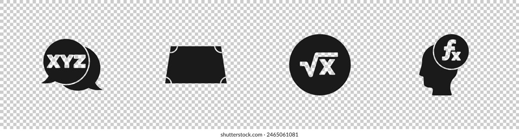 Set XYZ Coordinate system, Acute trapezoid shape, Square root of x glyph and Function mathematical symbol icon. Vector