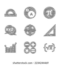 Establezca el sistema de coordenadas XYZ, Calculator, raíz cuadrada de x glyph, regla triangular, gráfico, programa, gráfico, diagrama, símbolo Pi e icono del protractor. Vector