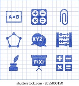 Set XYZ Coordinate System, Chalkboard, Calculator, Abacus, Feather and inkwell, Geometric figure Pentagonal Prism, Paper Clip und Icon. Vektorgrafik