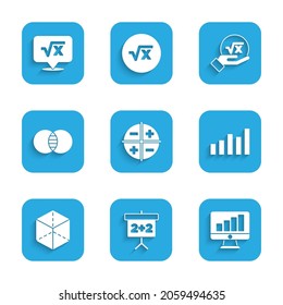 Set XYZ Coordinate system, Chalkboard, Computer monitor with graph chart, Graph, schedule, chart, diagram, Geometric figure Cube, Mathematics sets A and B, Square root of x glyph and  icon. Vector