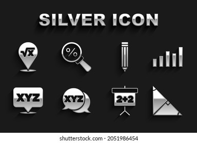 Set XYZ Coordinate system, Graph, schedule, chart, diagram, Angle bisector of triangle, Chalkboard, Pencil, Square root x glyph and Magnifying glass with percent icon. Vector