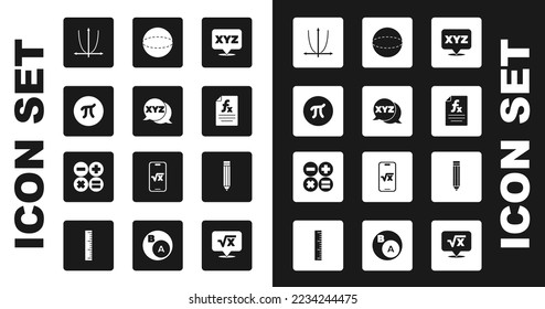 Set XYZ Coordinate system, Pi symbol, Graph, schedule, chart, diagram, Function mathematical, Geometric figure Sphere, Pencil and Calculator icon. Vector