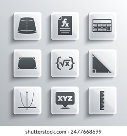 Set XYZ Coordinate system, Ruler, Triangle math, Square root of x glyph, Graph, schedule, chart, diagram, Acute trapezoid shape, Geometric figure and Calculator icon. Vector