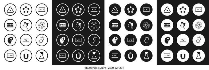 Set XYZ Coordinate system, Test tube and flask, Equation solution, High voltage, Solar, Molecule, Chemical formula and Head electric symbol icon. Vector