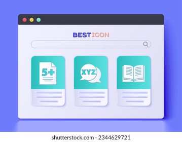 Set XYZ Coordinate system, Test or exam sheet and Open book icon. Vector