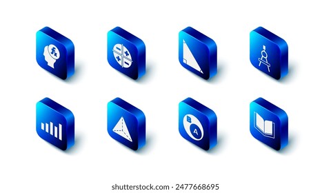 Set XYZ Coordinate system, Triangle math, Drawing compass, Open book, Subsets, is subset of, Geometric figure Tetrahedron, Graph, schedule, chart, diagram and Function mathematical symbol icon. Vector