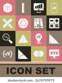 Definir sistema de coordenadas XYZ, matemática triangular, calculadora, monitor de computador com gráfico, régua cruzada e lápis, figura geométrica Cubo e Office pastas ícone. Vetor