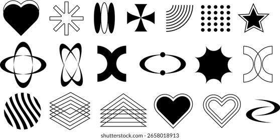 Satz abstrakter Y2K-Formen. Grafische Objekte für Logo, Icon, Webdesign in Schwarz. Vektorgrafik