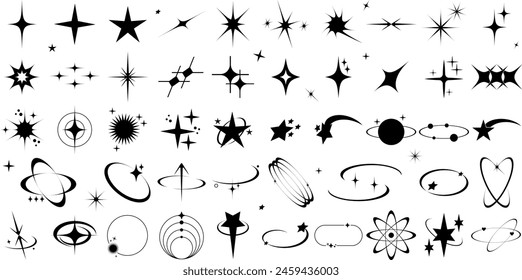 Set of Y2K abstract shapes on white background. Star, sparkle and simple geometric forms in retro style. Vector templates for tattoo, logo, icon, notes, posters, banners, stickers, business cards.