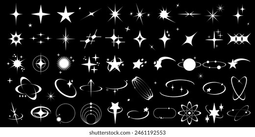 Set of Y2K abstract shapes on black background. Star, sparkle and simple geometric forms in retro style. Vector templates for tattoo, logo, icon, notes, posters, banners, stickers, business cards.