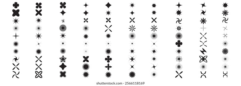 Set of Y2K abstract shapes on white background. Star, sparkle and simple geometric forms in retro style.